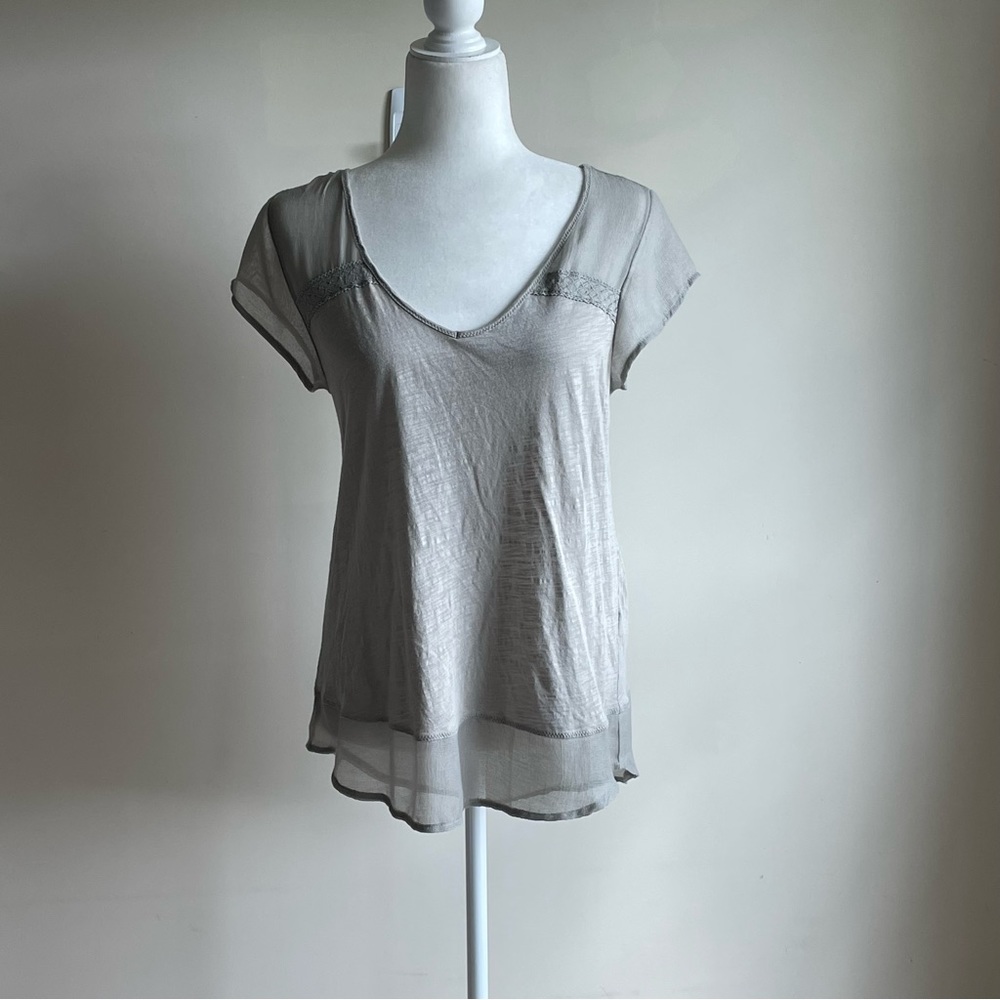 Lucky Brand Medium Grey Tee Shirt With Sheer Mesh and Crochet Detail